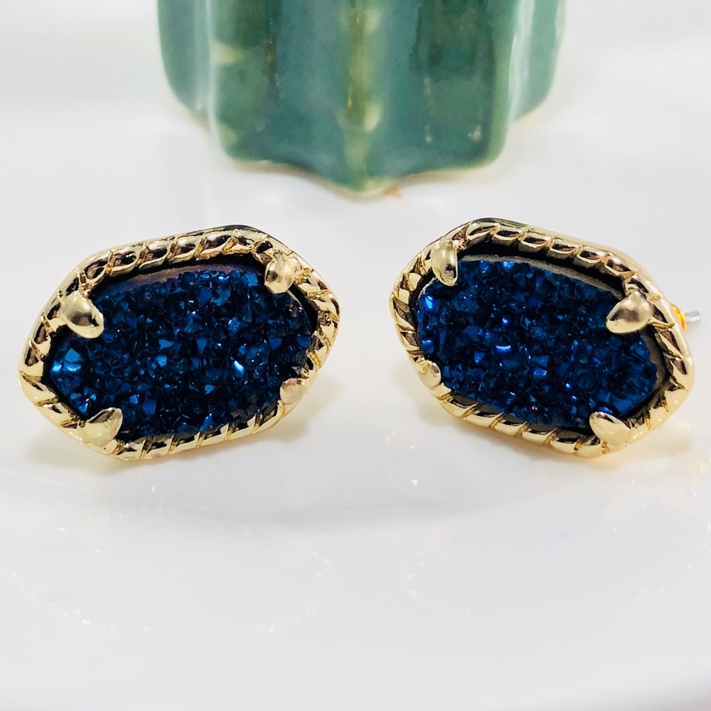 Womens Navy Gold Drusy Stud Earrings New Sparkle